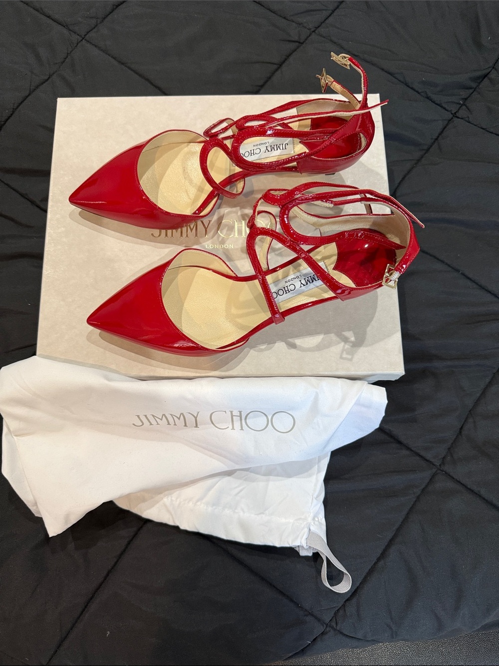 Jimmy Choo Red Patent Leather Pointed-Toe Strappy Heels size 8 1/2 or EU 38.5